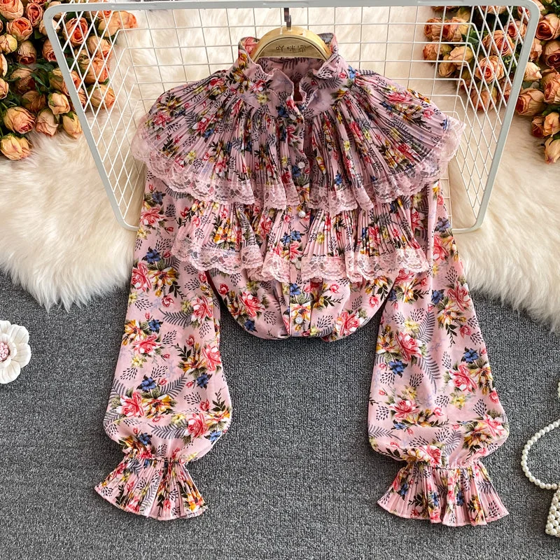 Big Savings Sweet Ruffle Stand Collar Floral Chiffon Pleated Shirt Top    S208