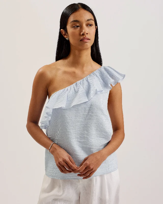 Your Weekend, Your Savings Pienza Pin Stripe Ruffled One Shoulder Top White