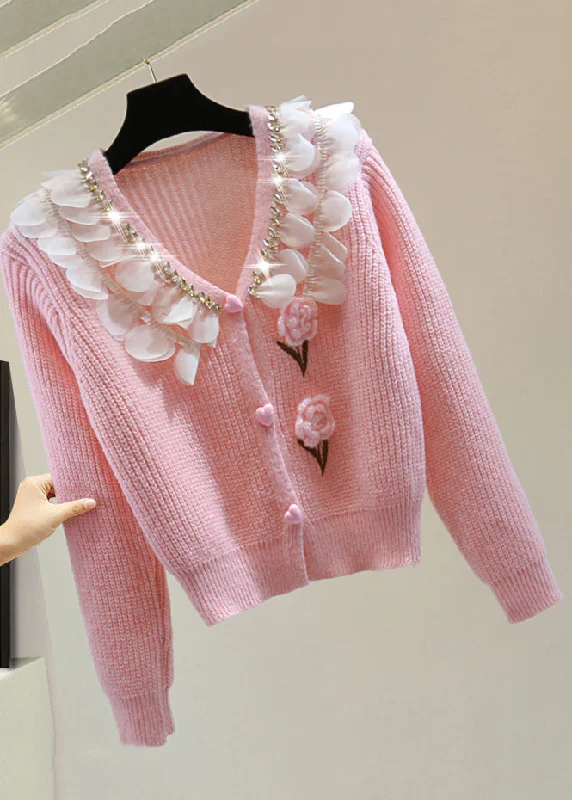 Massive Deals Cute Pink Zippered Patchwork Floral Cotton Knit Sweater Winter
