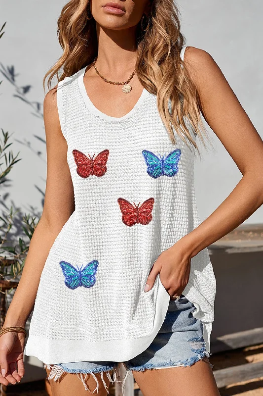 Super Deal Sequin Butterfly Round Neck Tank