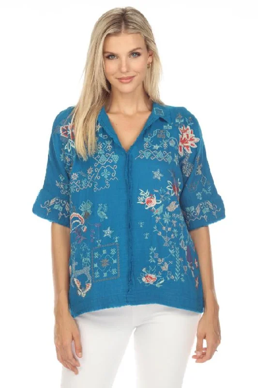 Markdowns Johnny Was Biya Wodeleah Embroidered Short Sleeve Blouse Boho Chic B10423 *