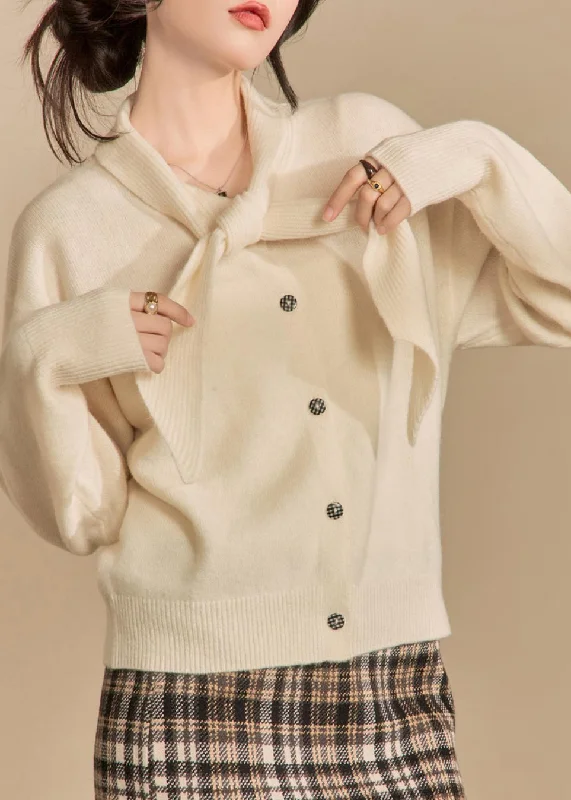 Crazy Deals Women Beige Bow Button Solid Knit Sweaters Winter