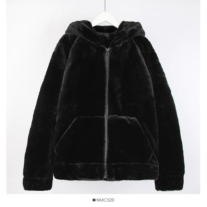 Price Drop Alert Korean loose and thin large pocket hooded Plush warm coat for women      S2536