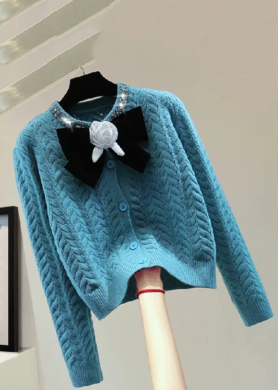 Don't Miss Out Fashion Blue O-Neck Zippered Bow Thick Cable Cotton Knit Sweaters Winter