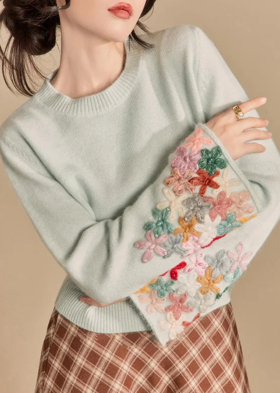 Super Sale Art Light Blue O Neck Floral Patchwork Knit Sweater Flare Sleeve