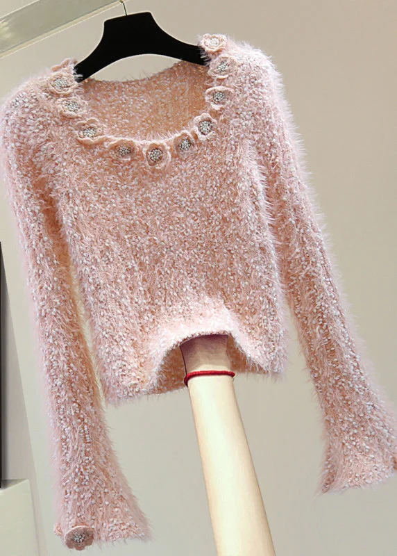 Season Finale Sale Bohemian Pink O-Neck Floral Ma Hai Mao Cotton Knit Sweaters Winter