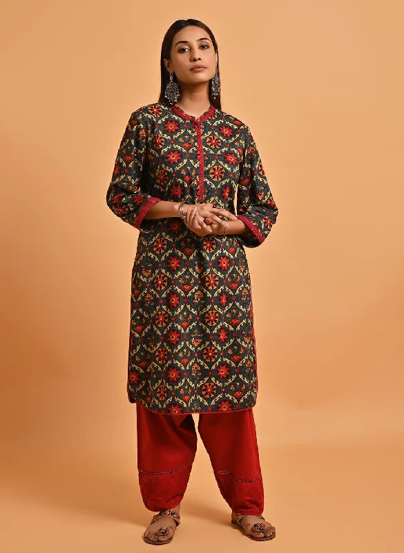 Price Blitz Green Ethnic Printed Kurta with Lace Detailing