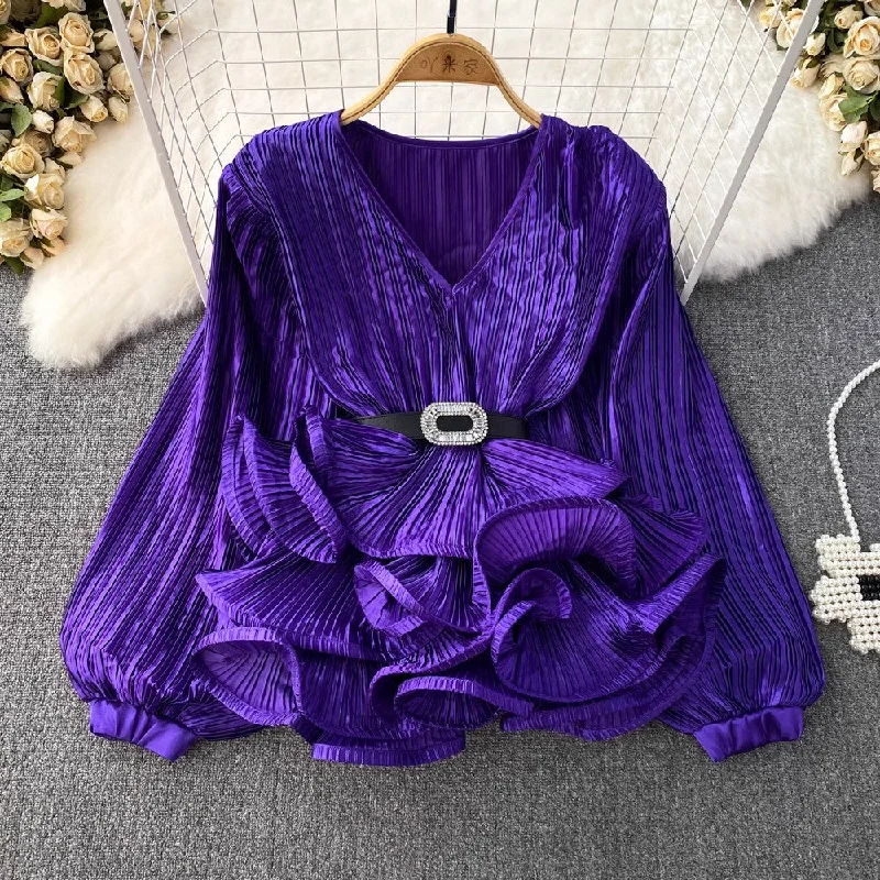 Early Bird lantern long-sleeved V-neck shirt for women    S3981