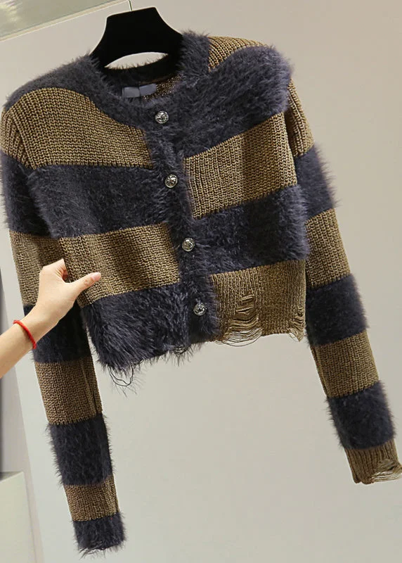 Super Deal Unique Coffee O-Neck Striped Hole Ma Hai Mao Cotton Knit Sweater Winter
