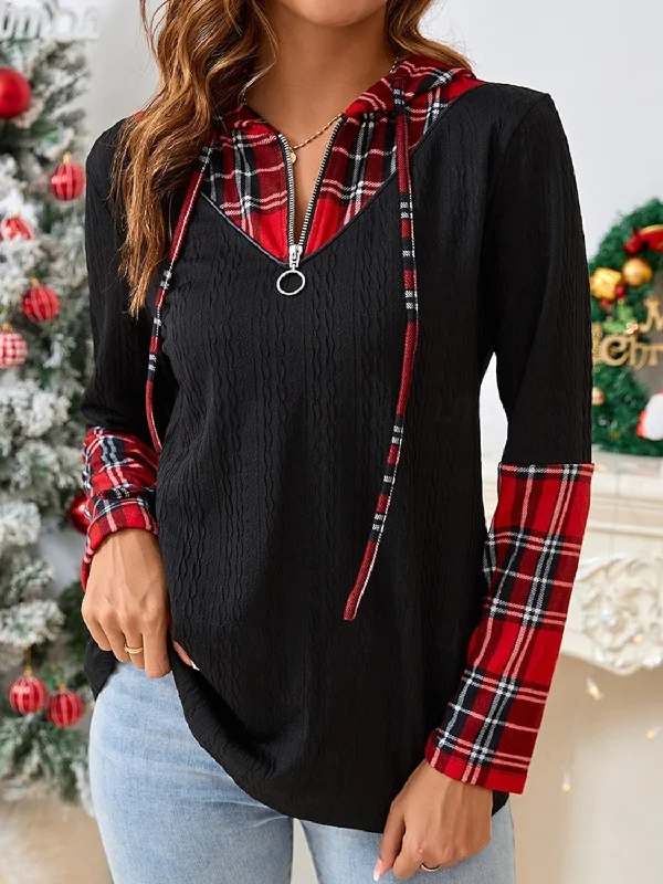 Low Price Plaid Quarter Zip Hooded T-Shirt