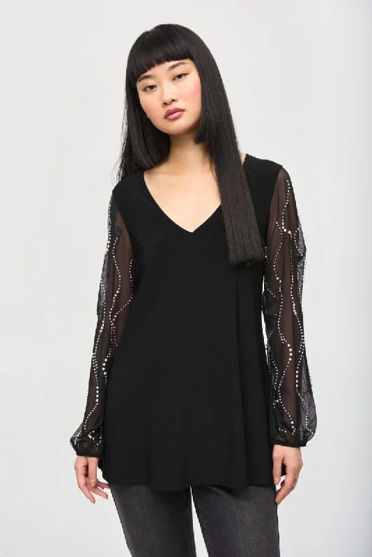 Can't Be Beat Joseph Ribkoff Black Embellished Mesh Puff Sleeve Tunic Top 243132