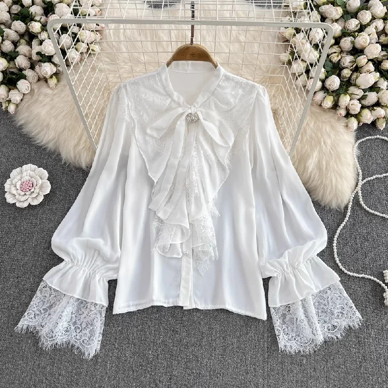 Daily Deals Lace Bell Sleeves Bow Tie Shirt Women's Fashionable Top     S4088