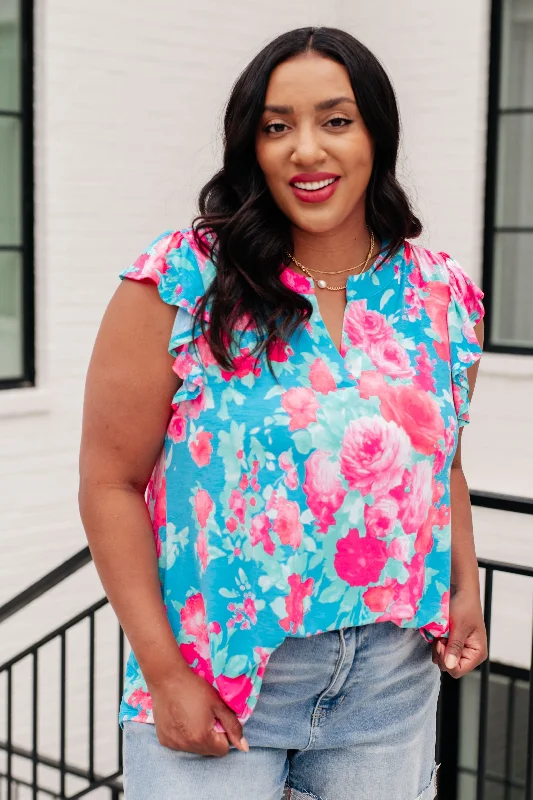Weekend Savings Spectacular Lizzy Flutter Sleeve Top in Blue and Pink Roses