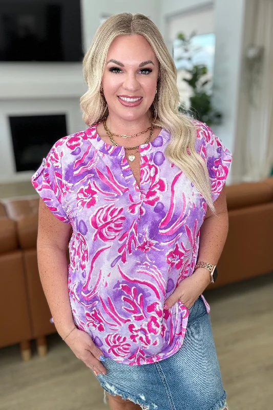 Midnight Sale Lizzy Cap Sleeve Top in Purple and Hot Pink Watercolor