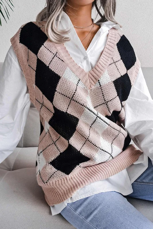 Huge Discounts BerryBetty - V Neck Checked Knit Tank Sweater