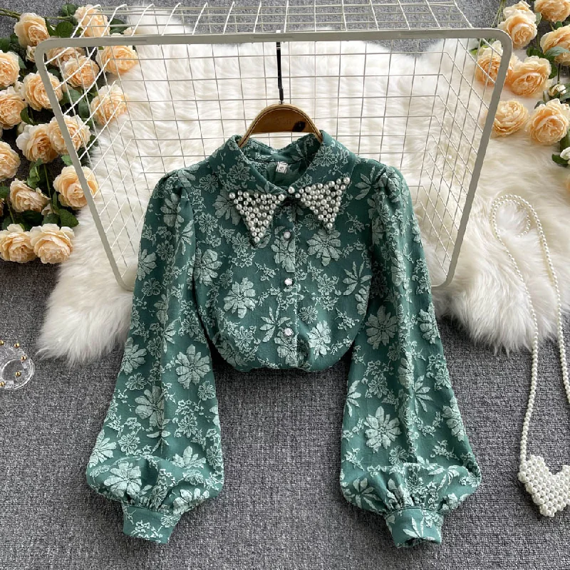 Act Now Retro jacquard ladies temperament beaded polo collar shirt     S210