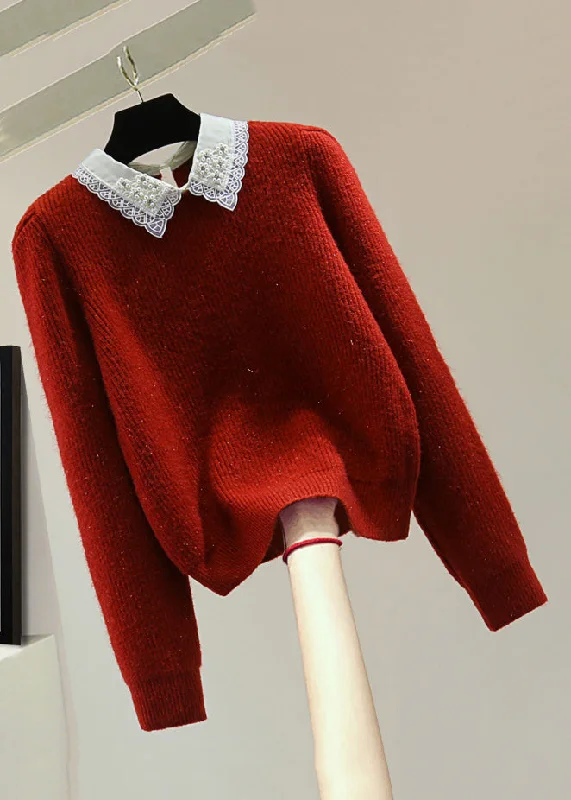 Final Markdown Fashion Red Peter Pan Collar Nail Bead Cotton Knit Sweater Winter