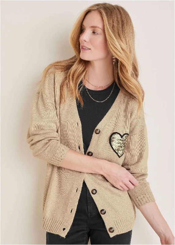 Time-Limited Offer Sequin Heart Cardigan - Oatmeal Multi