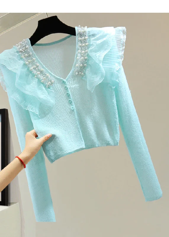 New Deals Stylish Lake Blue V Neck Nail Bea Lace Patchwork Cotton Knit Sweater Spring