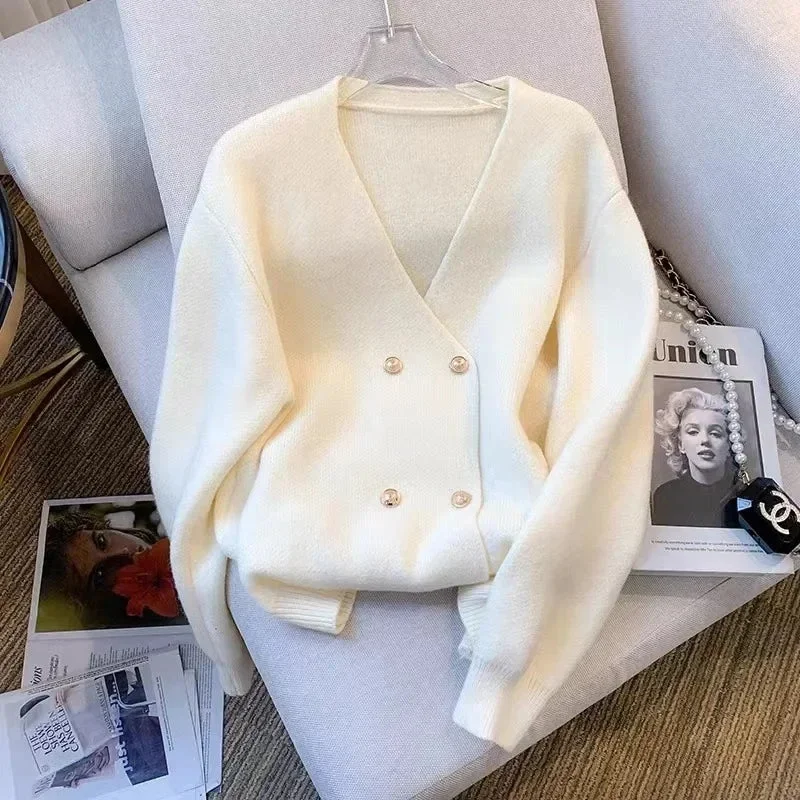 Weekend Savings Extravaganza Tweed style double row button V-neck Cardigan