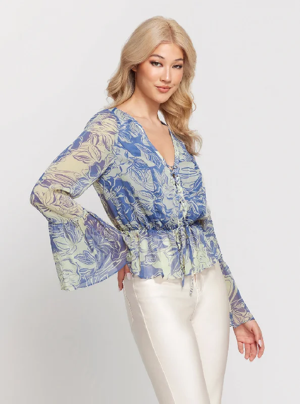 Weekend Wonders Await! Blue Floral Print Long Sleeve Demi Top