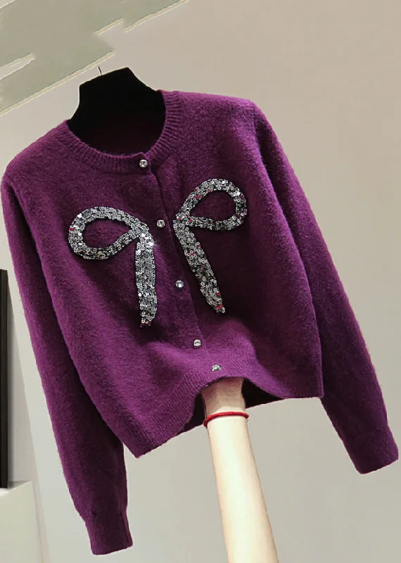 Final Sale Handmade Purple Bow Nail Bead Sequins Cotton Knit Sweaters Winter