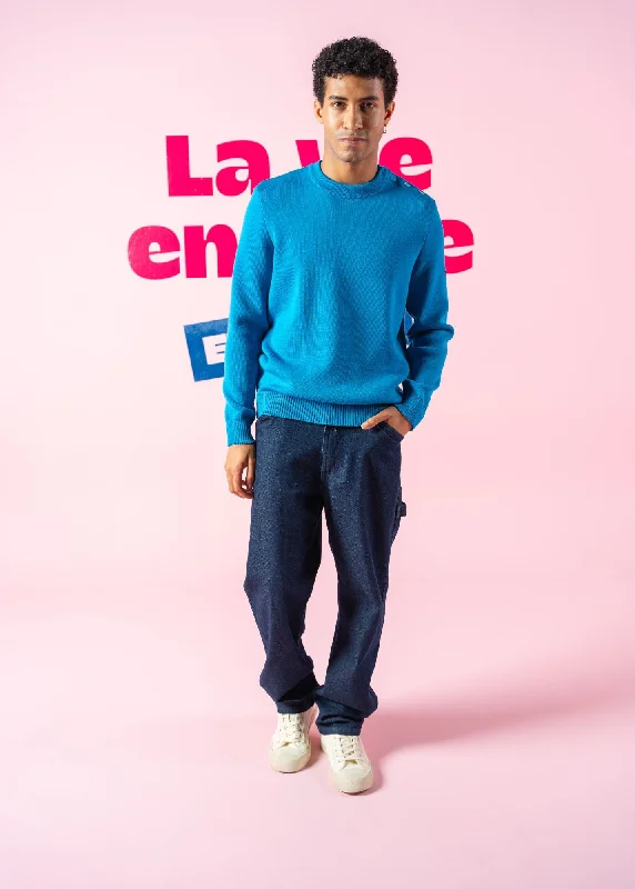 Exclusive Weekend Offers Inside CANCALE - Wool Fisherman Sweater with Button Shoulder | Loose Fit (ELECTRIC BLUE POP / ELECTRIC BLUE)