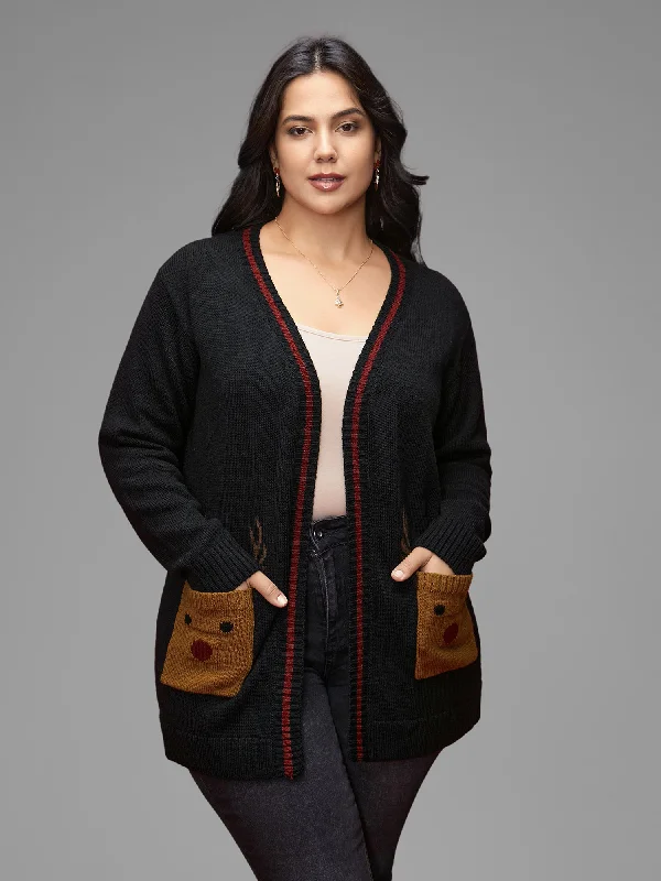 Limited Quantity Reindeer Pockets Contrast Placket Open Cardigan
