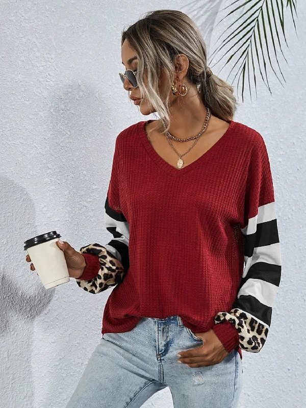 Limited Time Discount Leopard Striped Waffle-Knit Top