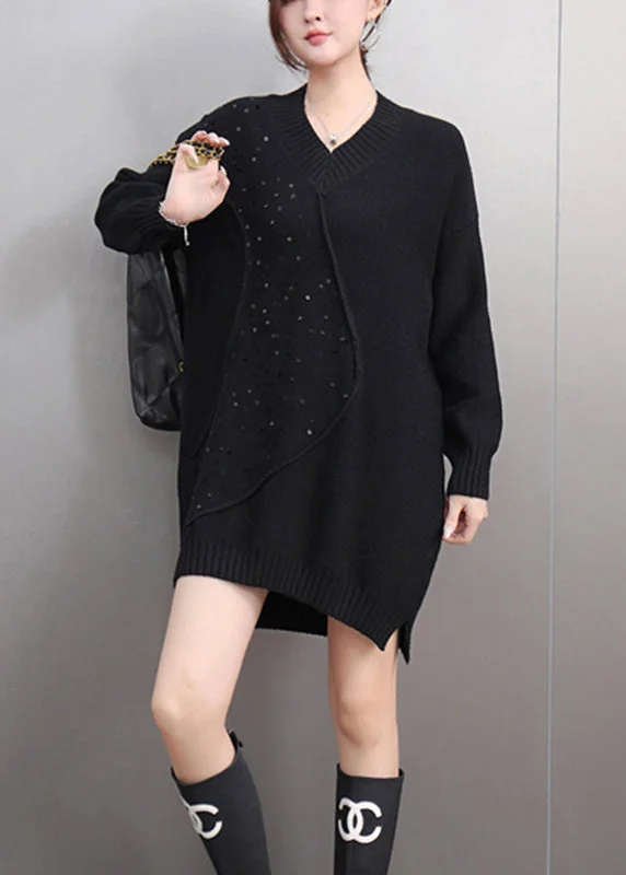 Best Seller Italian Black Asymmetrical Thick Patchwork Sequins Cotton Knit Sweaters Winter