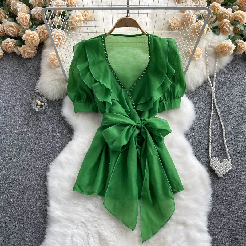 Price Cut Cute V-neck short sleeve tops       S322
