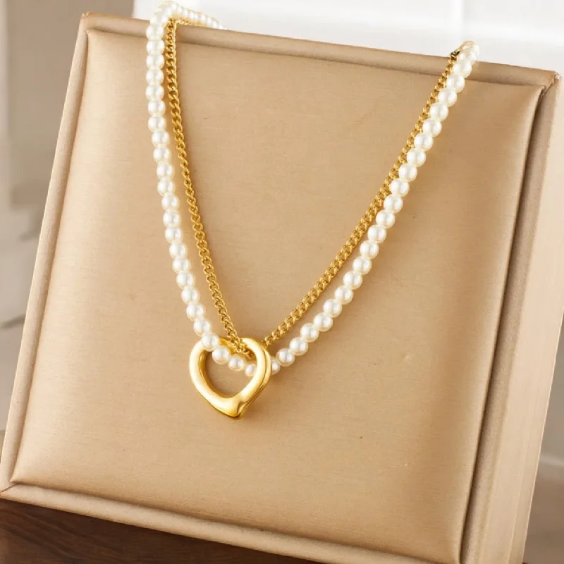 Midnight Sale Stainless Steel Heart Pearl Pendant Necklace