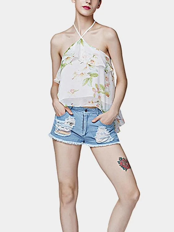 Discount Mania Custom Floral Print Pattern Halter Open Back Cami