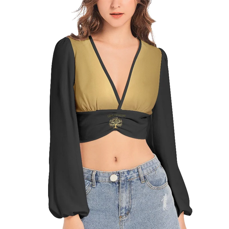 Weekend Bargains to Sizzle Yahuah-Tree of Life 01 Elect Designer Deep V-neck Lantern Sleeve Crop Top