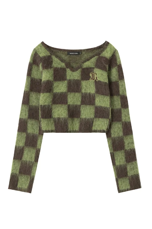 New Deals BerryBetty - V Neck Mohair Checkerboard Sweater