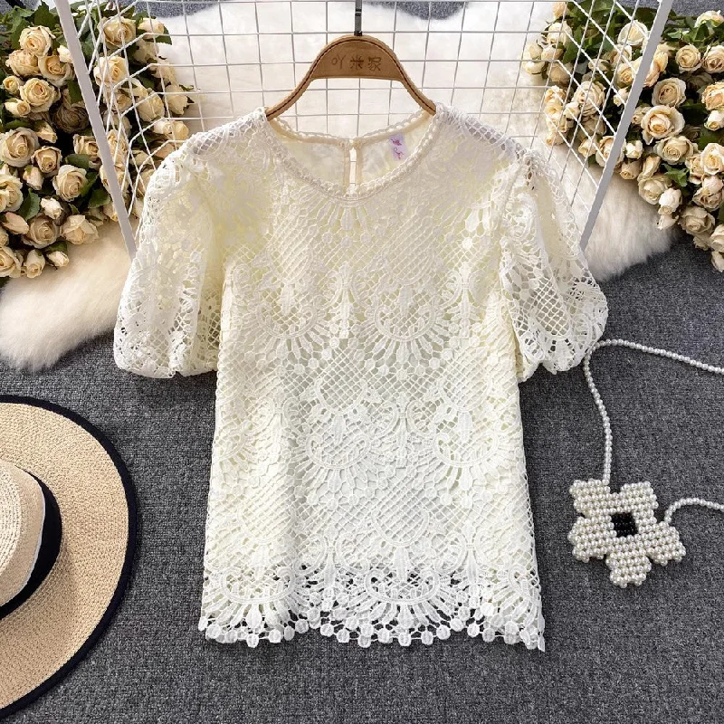 Exclusive Offers Bubble Short-Sleeved Round Neck Women’s Lace Top       S3991