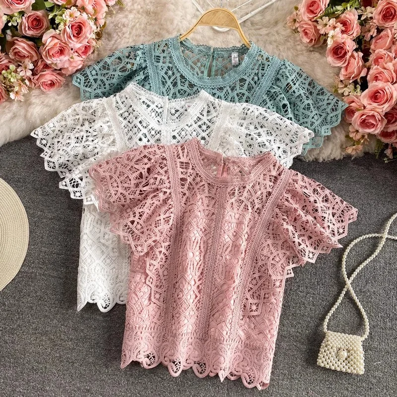 Extra Savings Solid Color Short Top Short Sleeve Round Neck Lace Shirt for Women    S3941