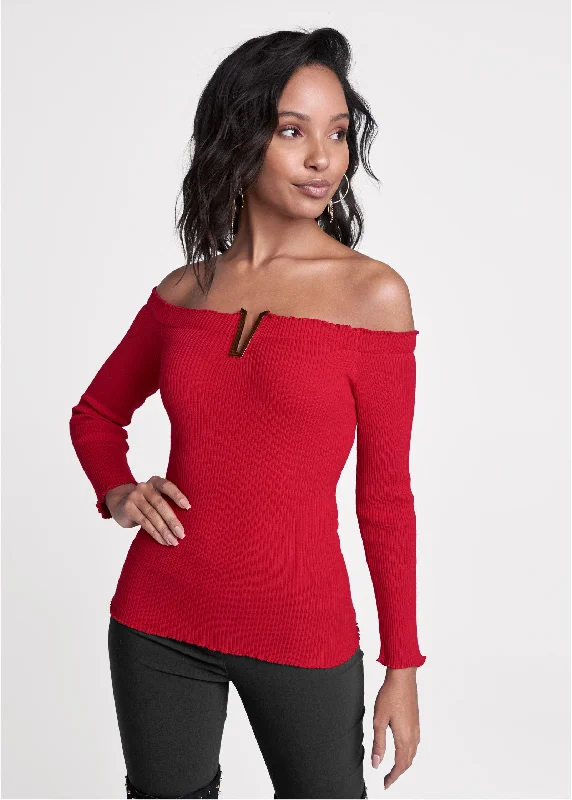 Buy Now Metal Detail V-Front Sweater - Red