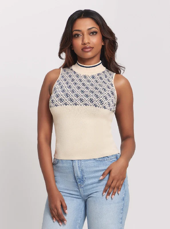 Take Advantage Cream Blue Logo Lise Knit Top