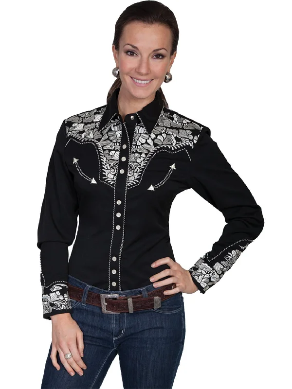 Price Drop Scully Western Womens Silver Polyester L/S Floral Stitch Western Shirt
