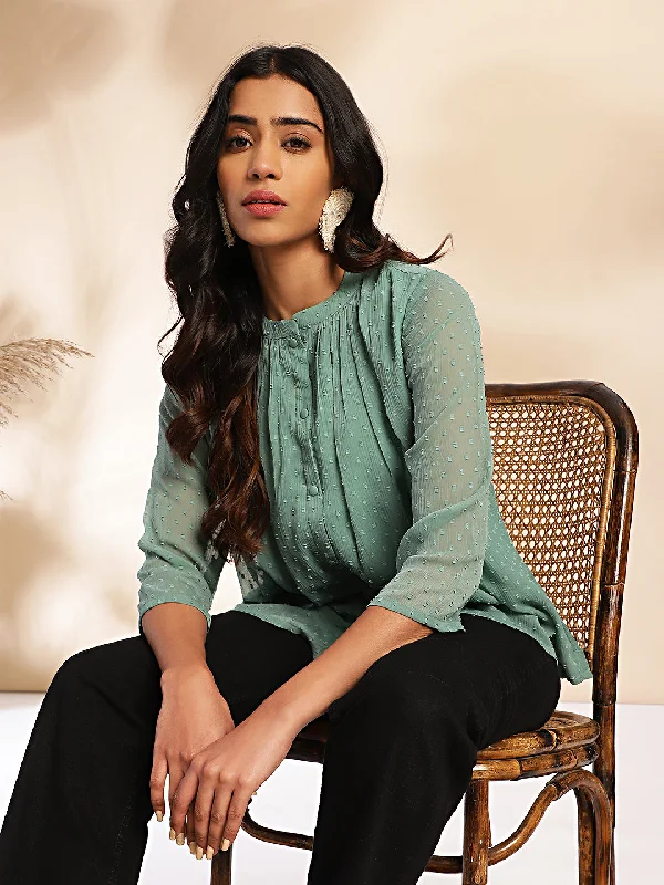 Sneak Peek Sale Sage Dobby Chiffon Woven Design Regular Top