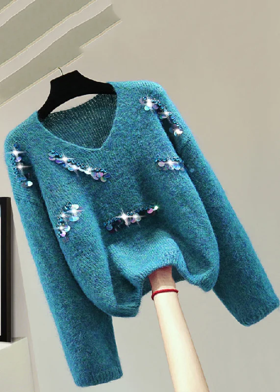 Value Deals Casual Blue V Neck Sequins Thick Cotton Knit Sweater Winter