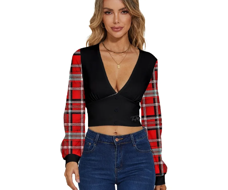 Major Deal TRP Twisted Patterns 06: Digital Plaid 01-03A Designer Cropped  Long Sleeve Deep V-neck Velour Top