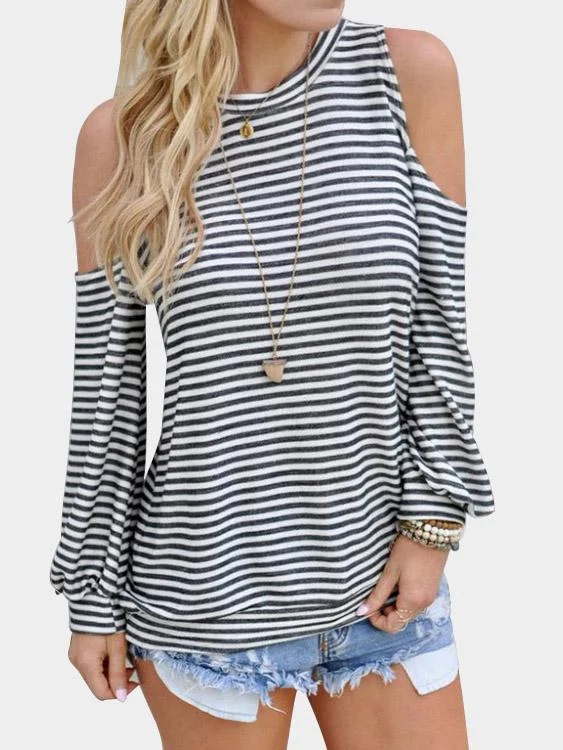 Year-End Clearance Custom Round Neck Cold Shoulder Stripe Long Sleeve Top