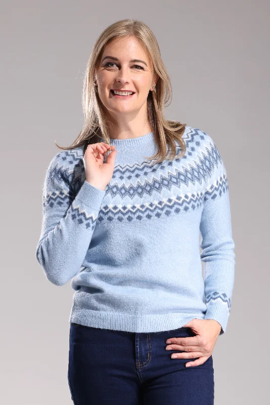 Year-End Sale Crew neck Fairisle detail Jersey | Sky/Navy/Ivory | 6961ZZ