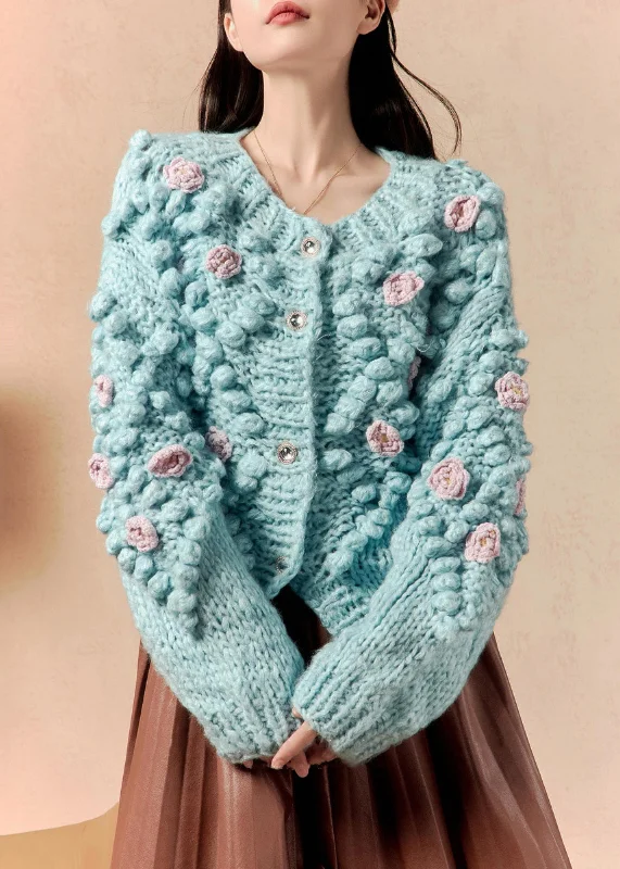 Weekend Bargains to Relish Floral Blue O Neck Button Knit Cardigan Winter