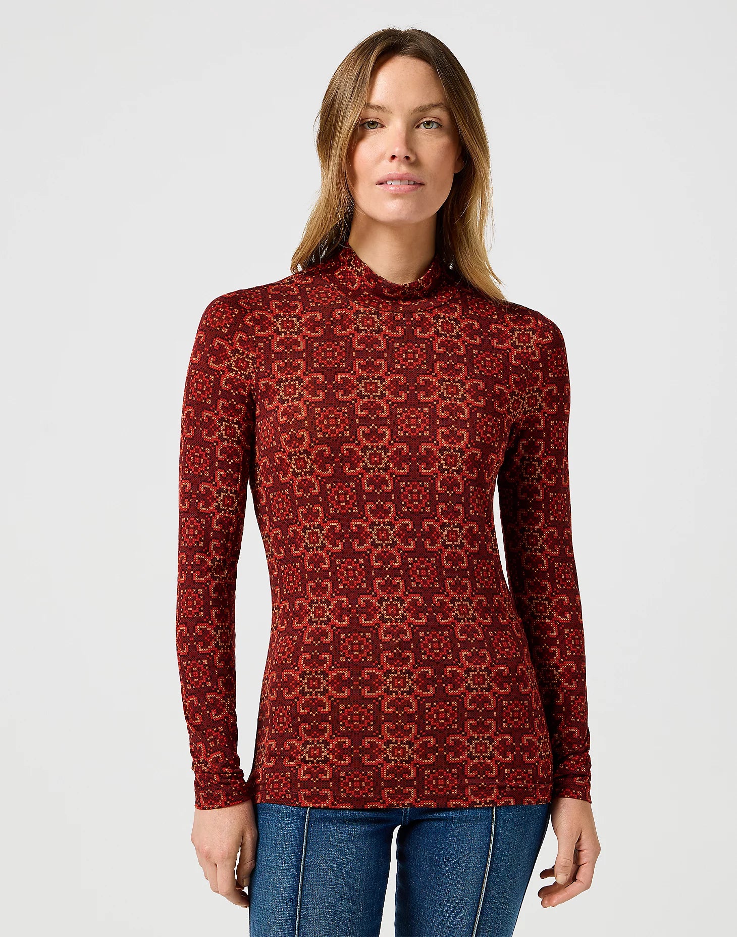 Price Buster Mockneck Top in Retro Crosstitch