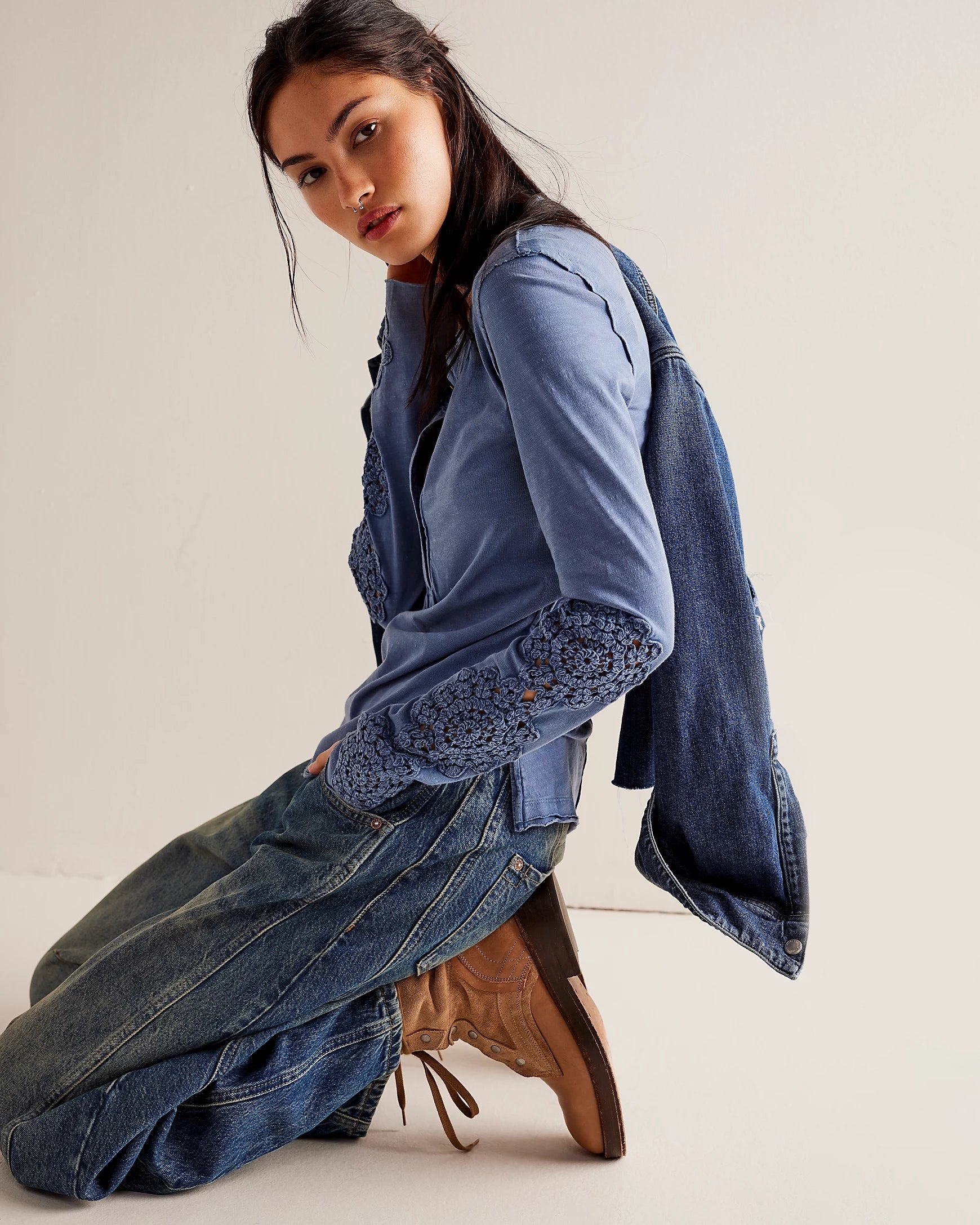 New Deals Our Song Henley Cuff Top in Denim Grey