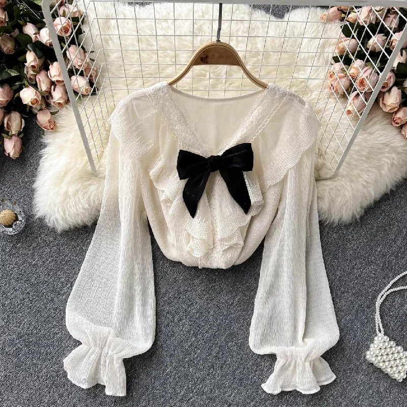 Savings Alert Lovely v-neck bow lace long sleeve top     S253