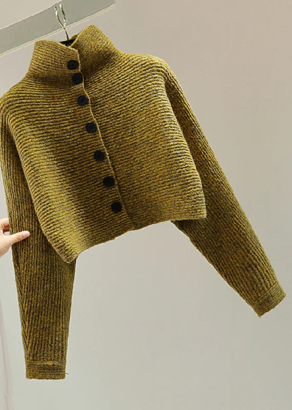 Reduced Prices Italian Yellow Turtleneck Button Cotton Knitted Sweater Batwing Sleeve